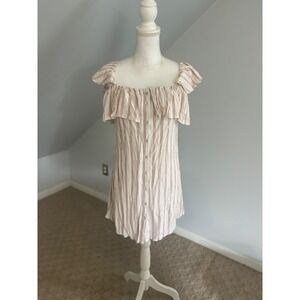 BP Striped Button Front Ruffle Off‎ Shoulder Mini Dress Casual Cute M